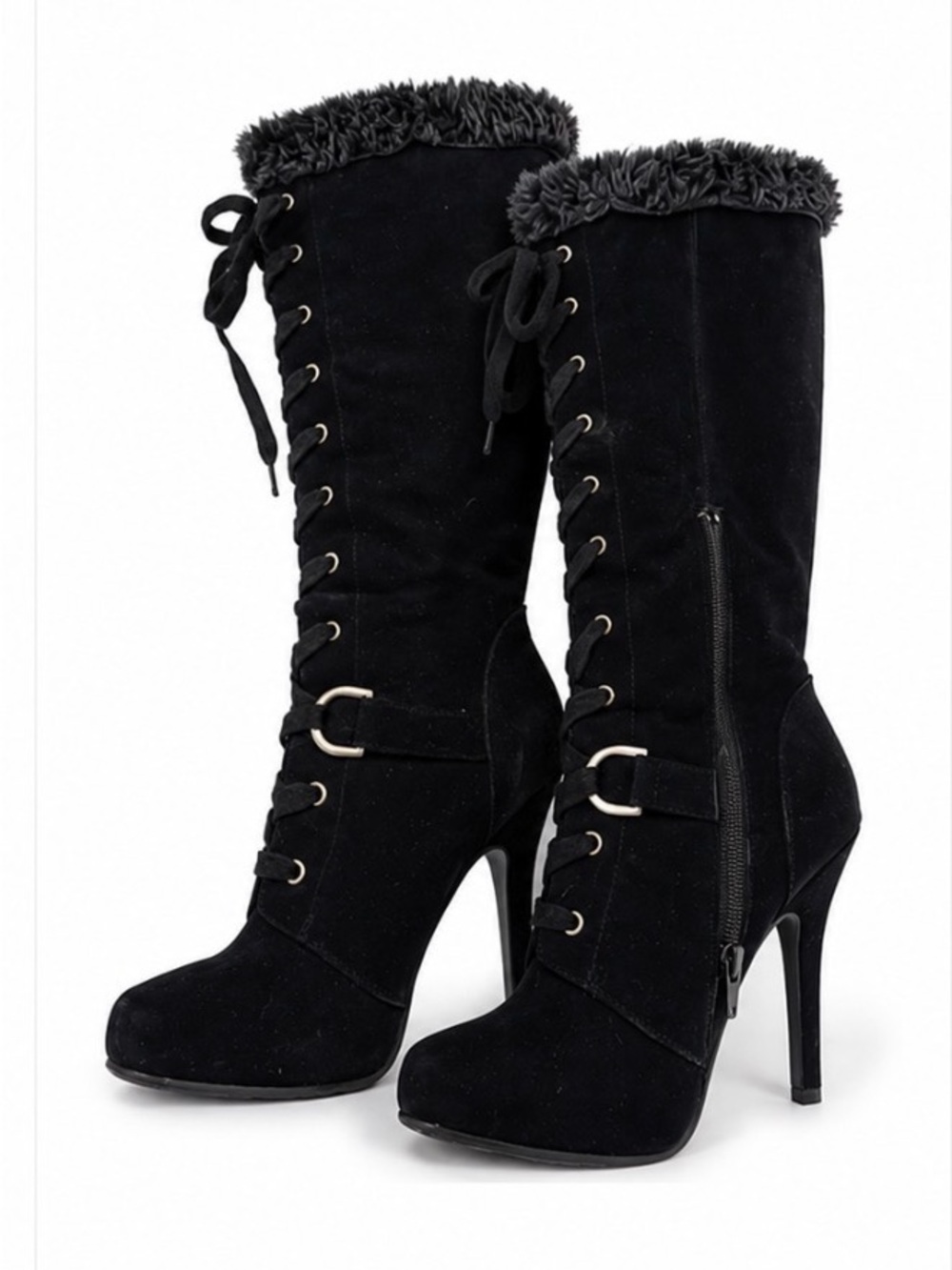 Andiamo Women's Black Faux Suede Lace-Up High Heel Knee Boots with Faux Fur Trim